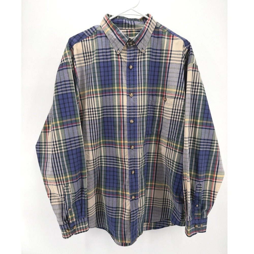 Eddie Bauer Blue Plaid Shirt Button Long Sleeve Cotton Outdoor Preppy Men XL EUC